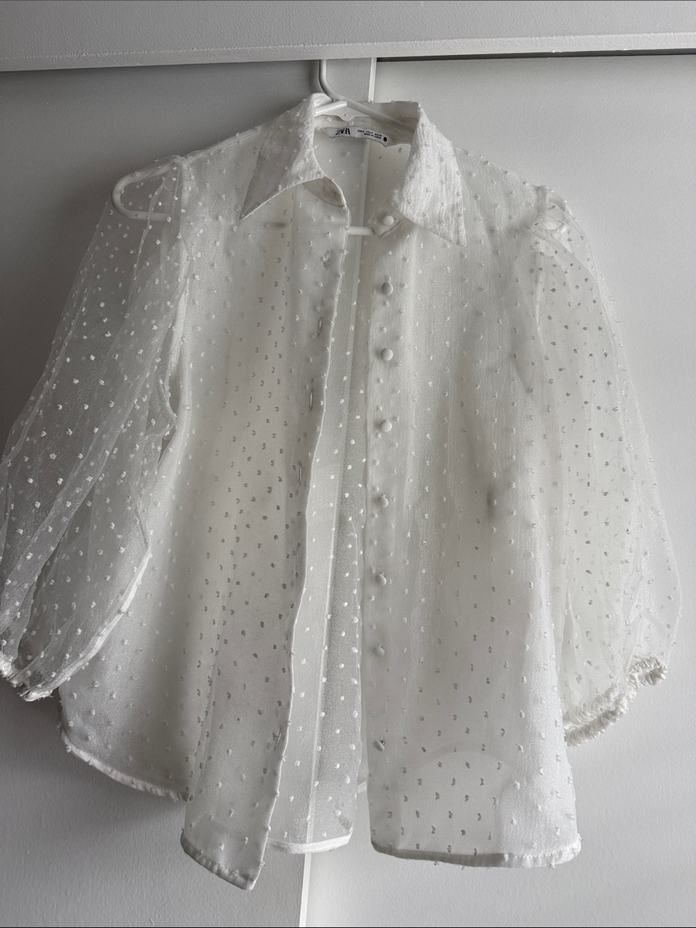 ZARA White Sheer Dot-Textured Women Button-Up Blouse